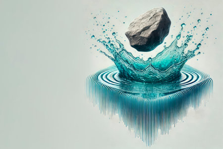 A stone falling into the water, with splashes and waves. Space for textの素材