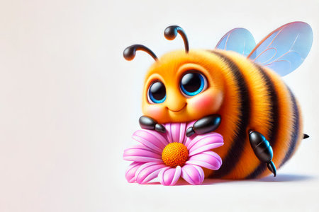 Cute fat bee with flower on light background. Space for textの素材