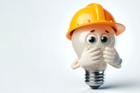 A sad light bulb in a helmet on a white background. Space for textの素材