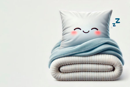 A smiling pillow wrapped in a blanket. Space for textの素材
