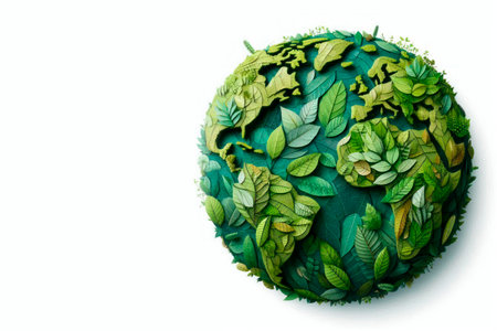 Globe of green leaves on a light background. Space for textの素材