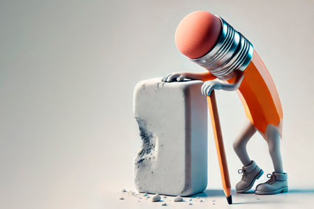 Pencil and eraser in the form of tired characters. Space for textの素材