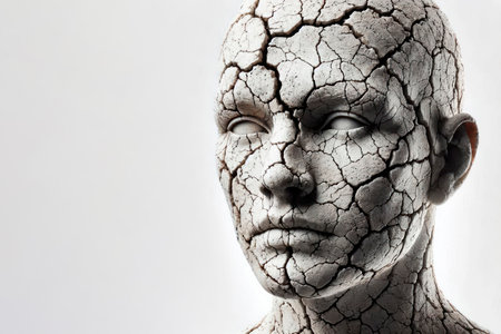 The face of a man with cracks, reminiscent of dry earth. Space for textの素材