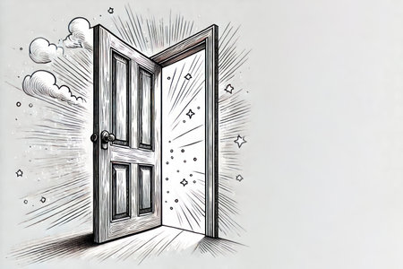 An open door with a shining light inside. Space for textの素材