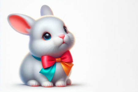 A white rabbit with a bright bow on a light background. Space for textの素材