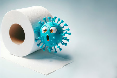 Funny virus next to toilet paper. Space for textの素材