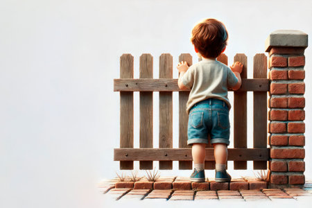 A boy peers through a wooden fence. Space for textの素材