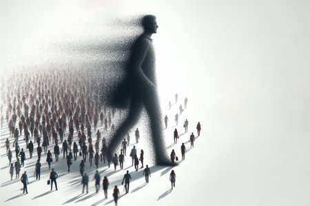 A disintegrating figure of a man among the crowd on a light background. Space for textの素材