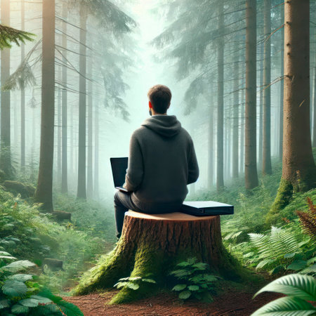 A man with a laptop is sitting in the forest on a stumpの素材