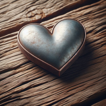 Metal heart on wooden surfaceの素材