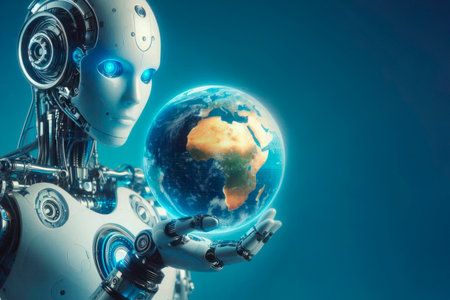 A robot holding planet Earth in his hand. Space for textの素材