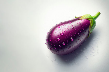 Eggplant with drops of water on a light background. Space for textの素材