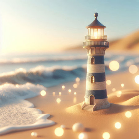 Lighthouse at sunset on the oceanの素材