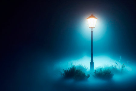 A lantern that illuminates a thick fog at night. Space for textの素材