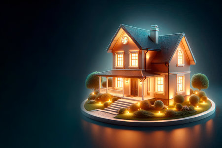Cozy house with lighting on a dark background. Space for textの素材