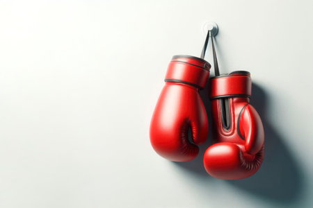 Red boxing gloves on a light wall. Space for textの素材