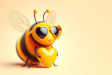 Bee wearing heart-shaped sunglasses on a light background. Space for textの素材