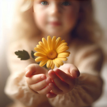 The child holds out a yellow flowerの素材
