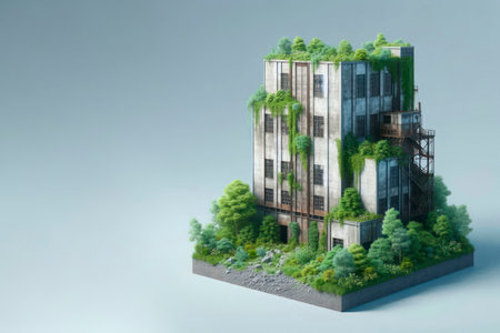 An abandoned building covered with greenery. Space for textの素材