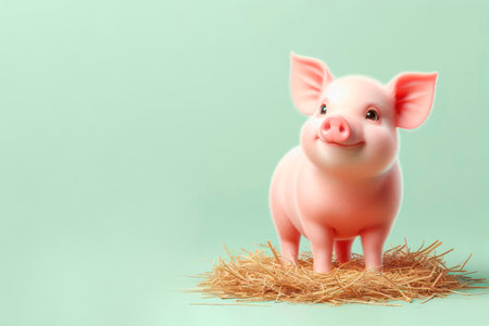Piglet on straw bedding on a clean background. Space for textの素材