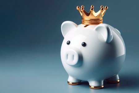 A white piggy bank in the form of a pig with a golden crown. Space for textの素材