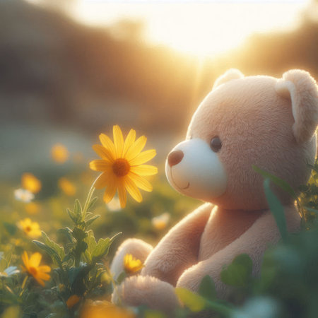 Teddy bear against the background of a flowering fieldの素材