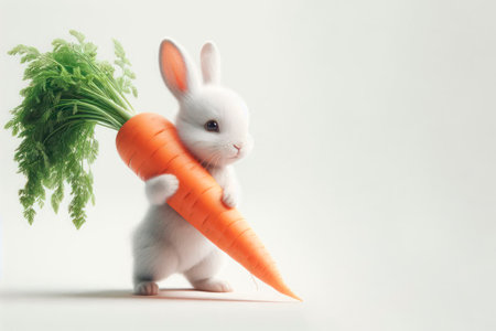 White rabbit with carrots on a light background. Space for textの素材