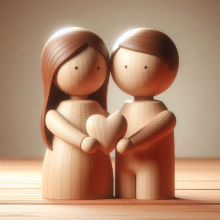 Wooden figures of lovers holding a heart. Space for textの素材