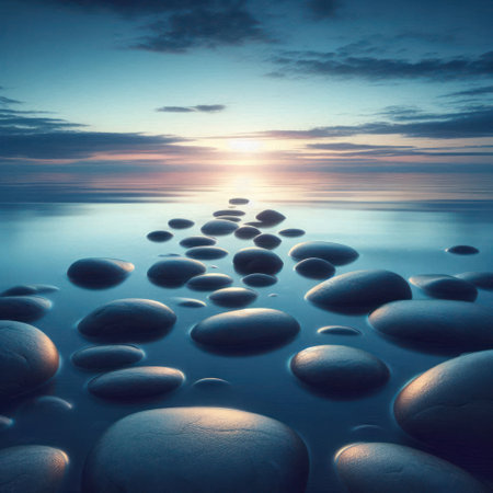 Stones in the water at sunsetの素材