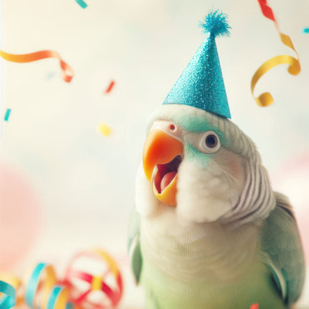 A parrot in a festive hat with ribbons. Space for textの素材