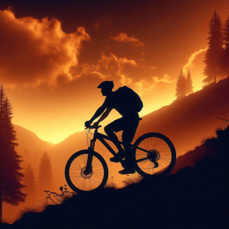 Cyclist against the background of the sunset sky in the mountainsの素材