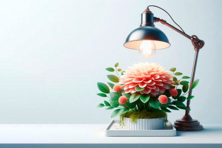A table lamp illuminates a flower in a pot. Space for textの素材