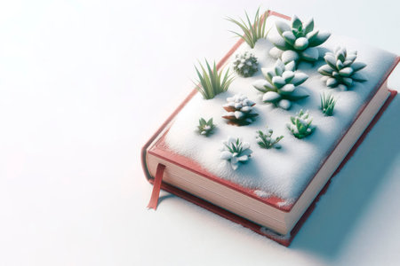 A book with snow-covered succulents on the cover. Space for textの素材