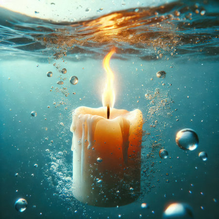 A burning candle under water in bubblesの素材