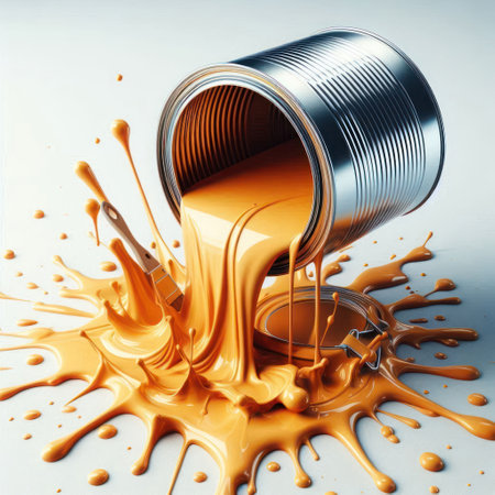 An upside-down jar with spilled paint on a light backgroundの素材