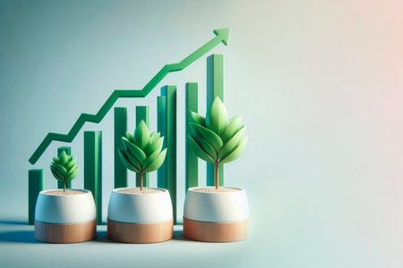 A sprout in a pot against the background of a growth chart. Space for textの素材
