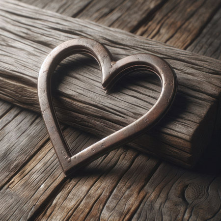 Metal heart on an old wooden backgroundの素材