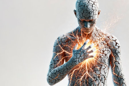 A cracking man with energy in his chest. Space for textの素材