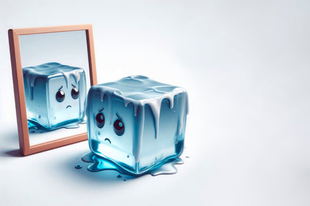 A sad melting ice cube looks in the mirror. Space for textの素材