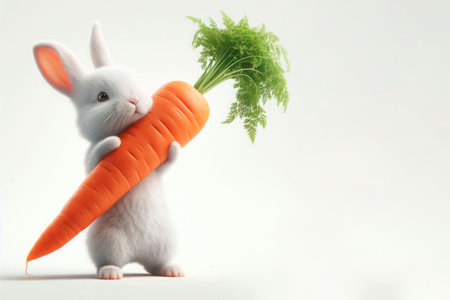 A white rabbit hugging a large carrot. Space for textの素材