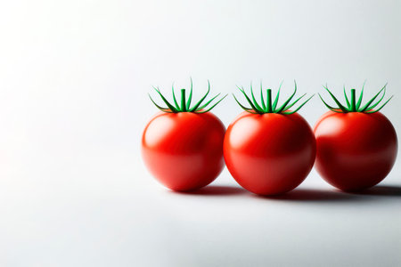 Three red tomatoes with green tails on a light background. Space for textの素材