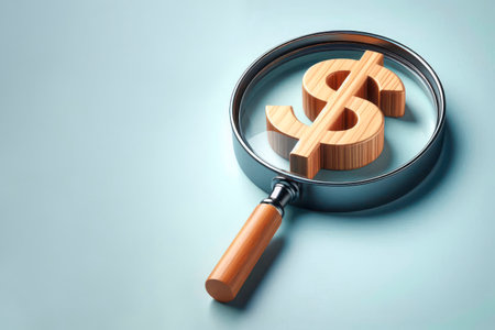 Magnifying glass magnifies the wooden dollar sign. Space for textの素材