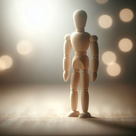 Wooden figure of a man on a light background. Space for textの素材