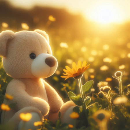 Teddy bear among wildflowers at sunsetの素材