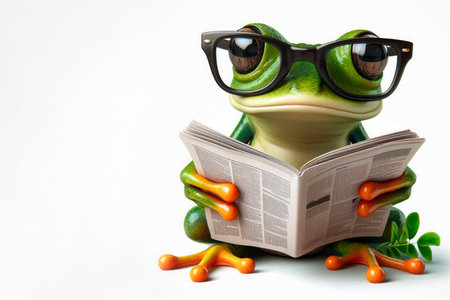 A frog with glasses is reading a newspaper. Space for textの素材