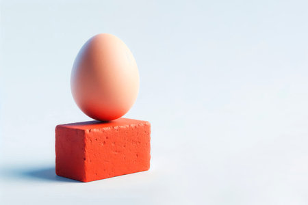 A fragile egg balancing on a rough brick. Space for textの素材