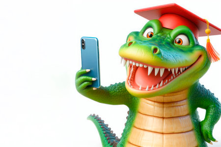 A cheerful crocodile in a graduation hat takes a selfie. Space for textの素材