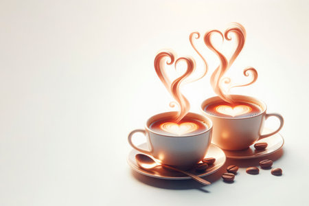 Two cups of coffee with steam in the shape of hearts. Space for textの素材