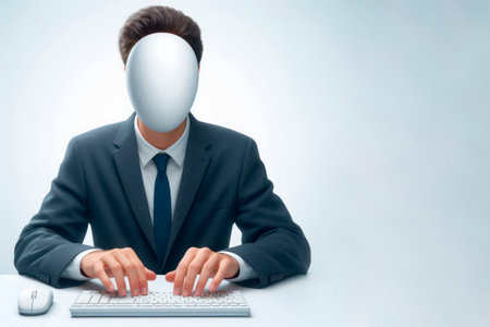 Businessman with a white smooth face at the computer. Space for textの素材