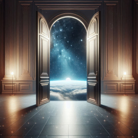 An open door to space from a luxurious hallの素材